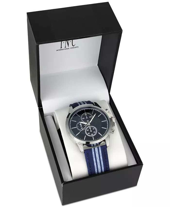 INC Blue & White Striped Denim Strap Watch