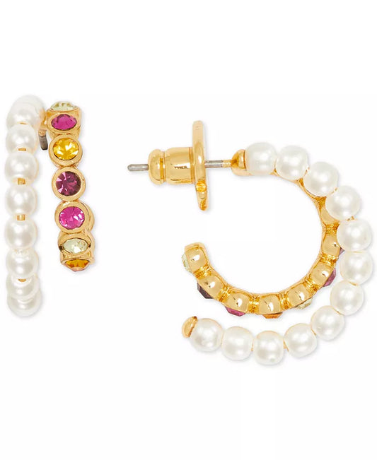 Kate Spade NY Pearl Caviar Multicolor Pave & Imitation Pearl Double Row Hoop Earrings