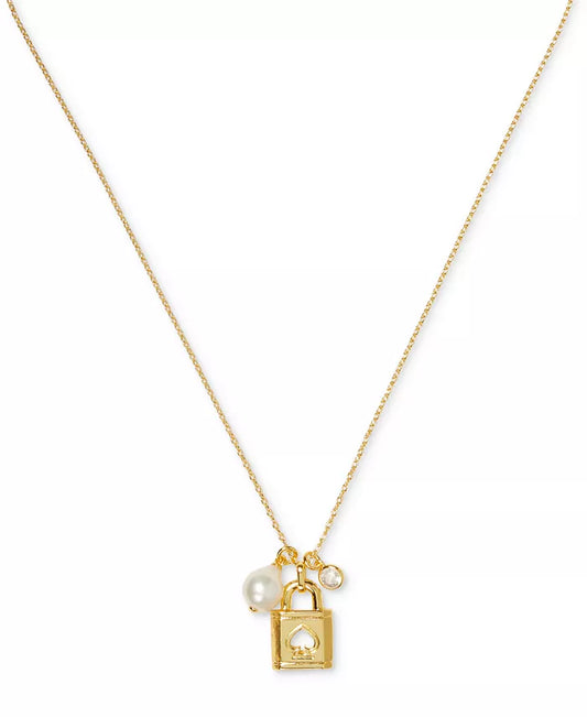 Gold-Tone Padlock, Cubic Zirconia & Freshwater Pearl Multi-Charm Mini Pendant Necklace