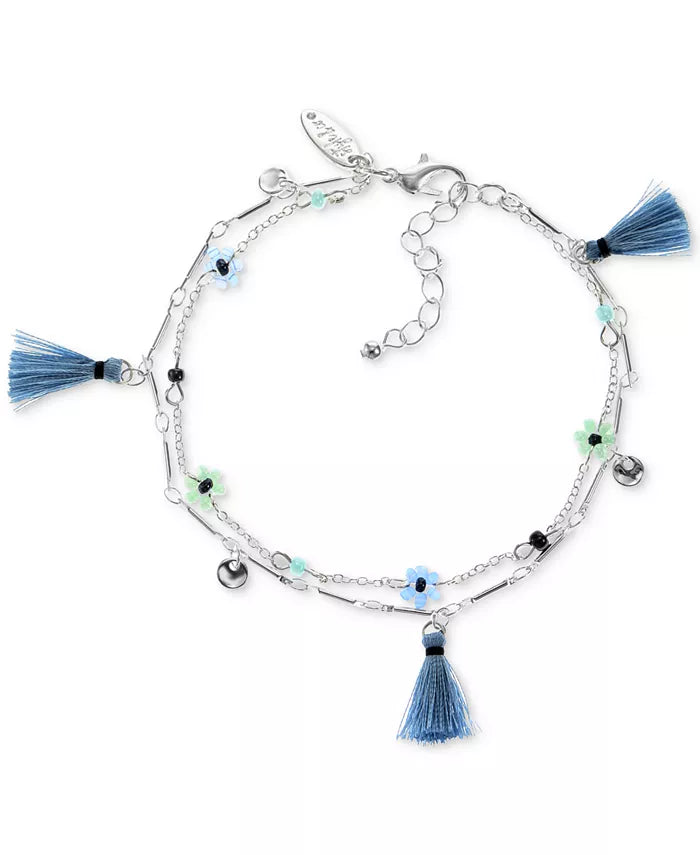 Style & Co. Silver-Tone Bead Flower & Tassel Double-Row Anklet